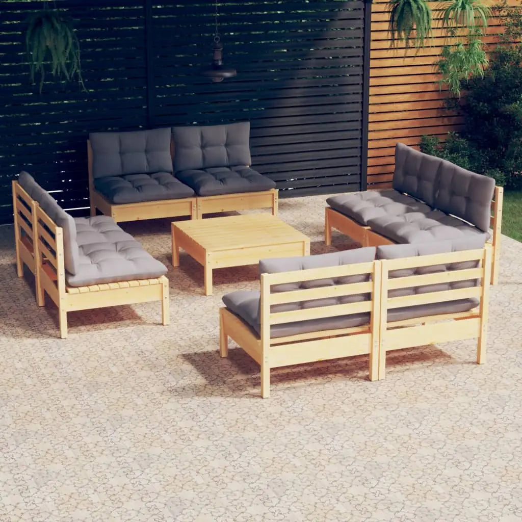 vidaXL Solid Pinewood Patio Lounge Set 9 Piece with Cushions Multi Colors - Brown and grey - Lounge Set