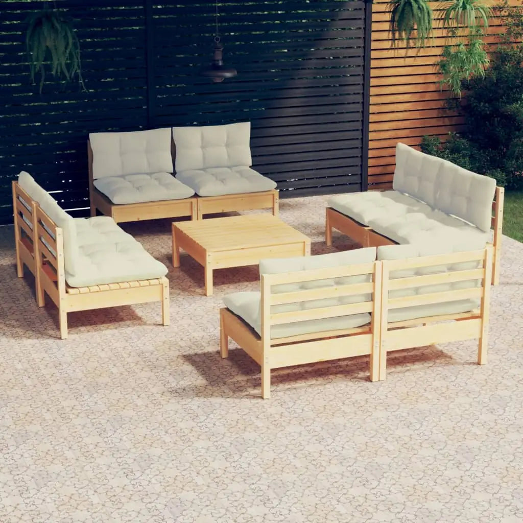 vidaXL Solid Pinewood Patio Lounge Set 9 Piece with Cushions Multi Colors - Brown and cream - Lounge Set