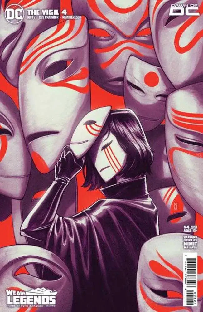 Comic book cover of Vigil #4 featuring a hooded figure and white masks, perfect for trading cards