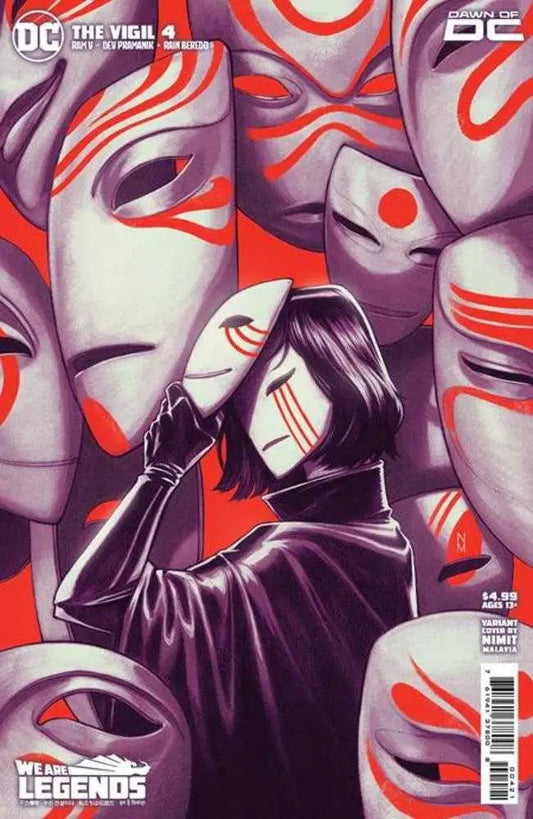 Comic book cover of Vigil #4 featuring a hooded figure and white masks, perfect for trading cards