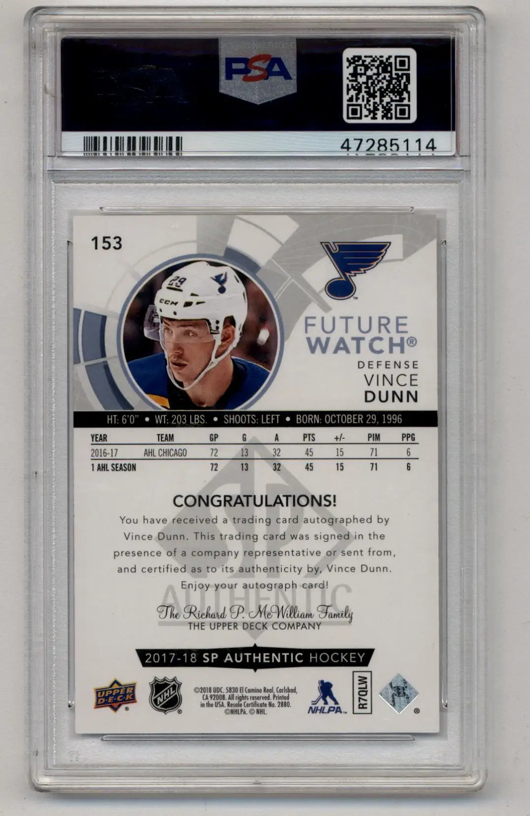 Vince Dunn 2017-18 SP Authentic Auto Inscription 018/999 PSA 10 Gem Mint - Singles