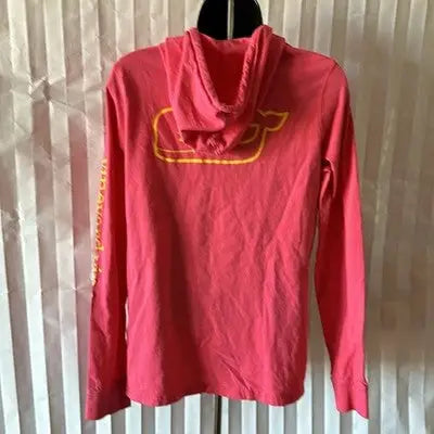 Coral long-sleeved hooded t-shirt with yellow whale graphic for Vineyard Vines Girls Pink Pullover
