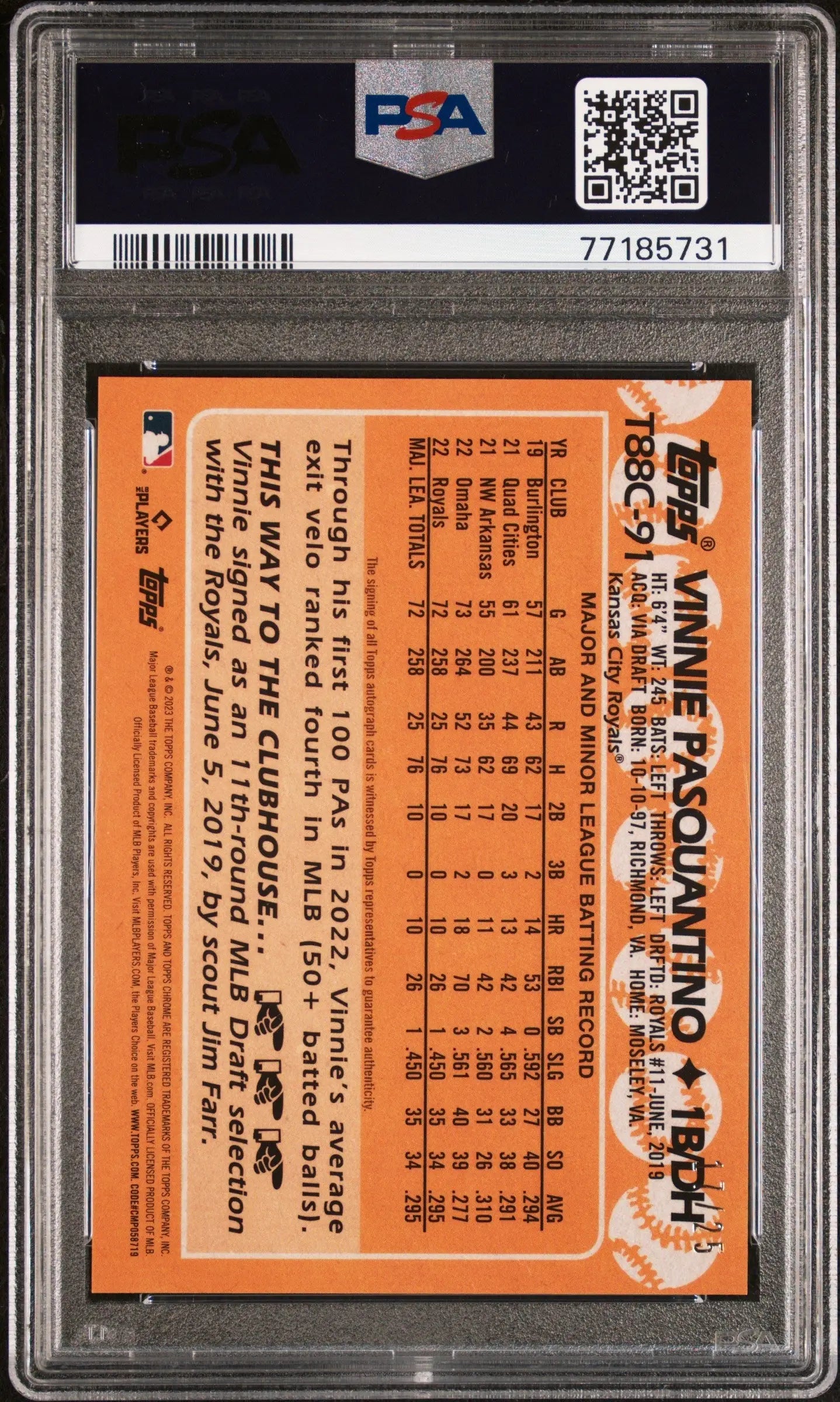 Vinnie Pasquantino graded baseball card from Topps Silver Pack Orange Auto collection