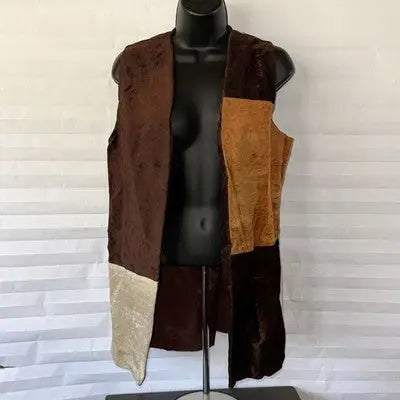 Vintage 1970s patchwork vest in dark brown and tan textured fabric, custom made hippie boho style