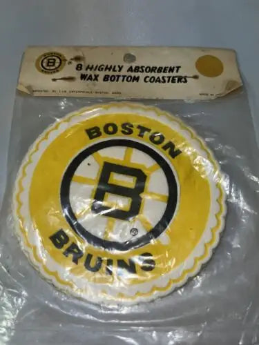 Vintage Boston Bruins coasters in packaging, featuring Bruins hockey wax design