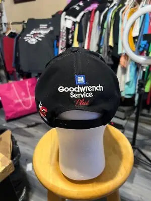 Black baseball cap with white embroidery and blue GM logo, Vintage Dale Earnhardt Nascar hat