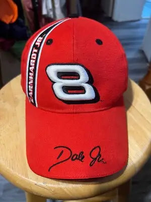 Vintage Dale Earnhardt Jr red baseball cap with white number 8 and black stripe