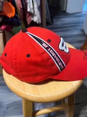 Vintage Dale Earnhardt Jr red baseball cap with black and white stripe and number 8