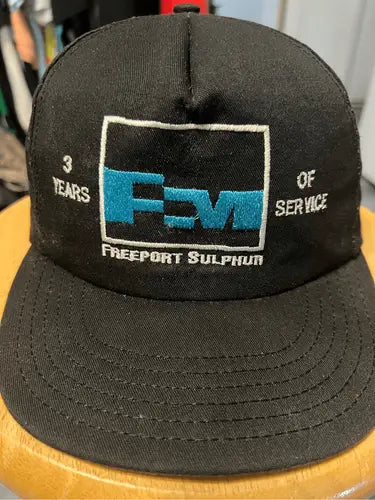 Vintage Freeport Sulphur snapback hat with logo and 3 years of service embroidery