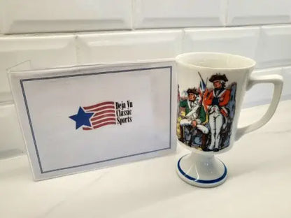 Footed mug featuring Revolutionary War Red Coats figures for vintage tea or coffee