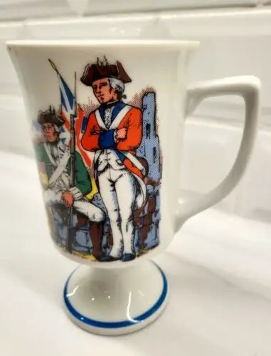 Ceramic mug featuring Red Coats Revolutionary War figures in vintage design