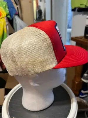 Red and tan mesh trucker hat on a white display head for Vintage Ontario Retro Trucker SnapBack Hat