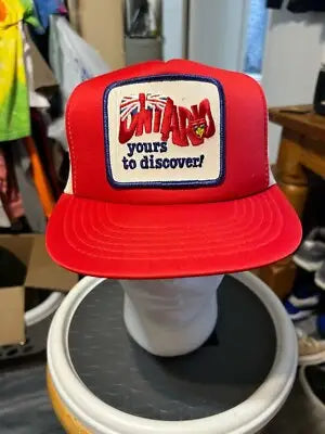 Red and white mesh-back trucker hat with embroidered patch from Vintage Ontario Retro Trucker SnapBack Hat