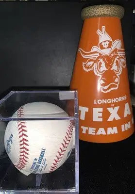Vintage 1963 Texas Longhorns National Champions megaphone with white baseball display case