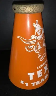 Orange megaphone with Texas Longhorns mascot showcasing Texas Longhorns National Champions pride