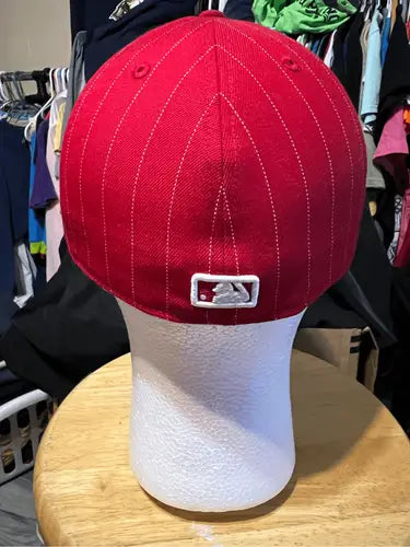 Red pinstriped baseball cap with white MLB logo on back, Vintage Saint Louis Cardinals fitted hat