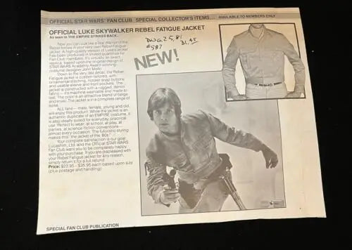 Vintage Star Wars fan club advertisement for Star Wars ESB Patch Luke Skywalker jacket
