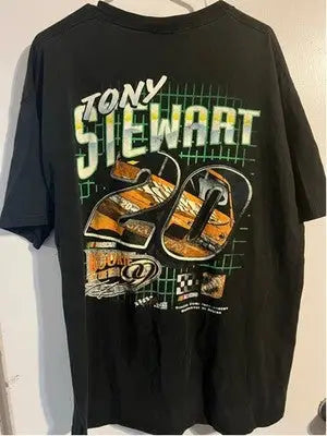 Black graphic T-shirt featuring Tony Stewart and racing imagery, Vintage 1999 Rookie NASCAR Tee