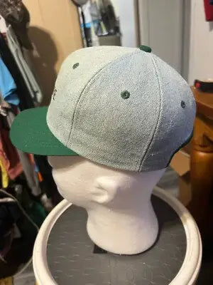 Vintage Unisex John Deere Hat on White Mannequin Head, Gray and Green Deere Hat