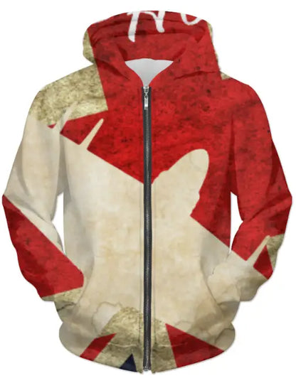 Vintage unisex zip hoodie with distressed Union Jack flag design and bold white and red pattern