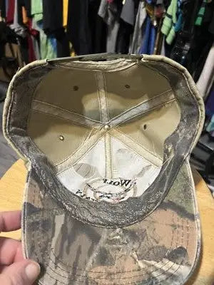 Camouflage Vintage Wolf Mountain SnapBack Hat with tan underside, stylish wolf mountain cap