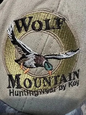 Vintage Wolf Mountain SnapBack Hat with embroidered wolf mountain and flying mallard duck