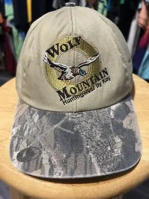 Vintage Wolf Mountain SnapBack Hat with camouflage brim and duck embroidery