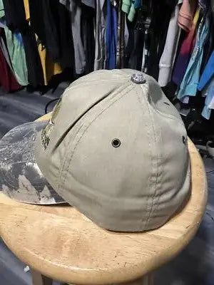 Tan Vintage Wolf Mountain SnapBack Hat with Camouflage Brim for outdoor style