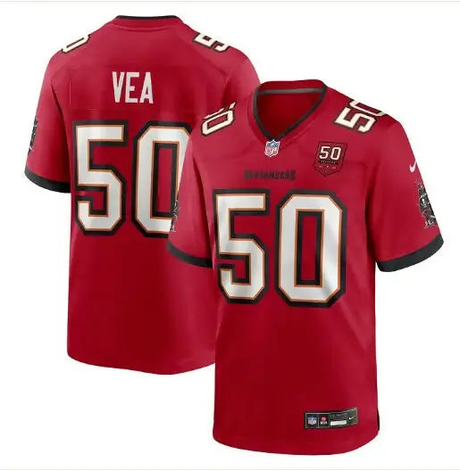 Red Tampa Bay Buccaneers Vita Vea NFL jersey with number 50 and VEA on the back