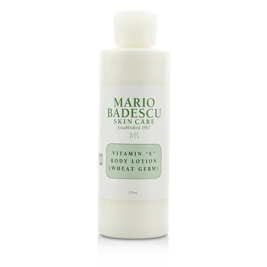 White bottle of Mario Badescu Vitamin E Body Lotion with wheat germ for all skin types