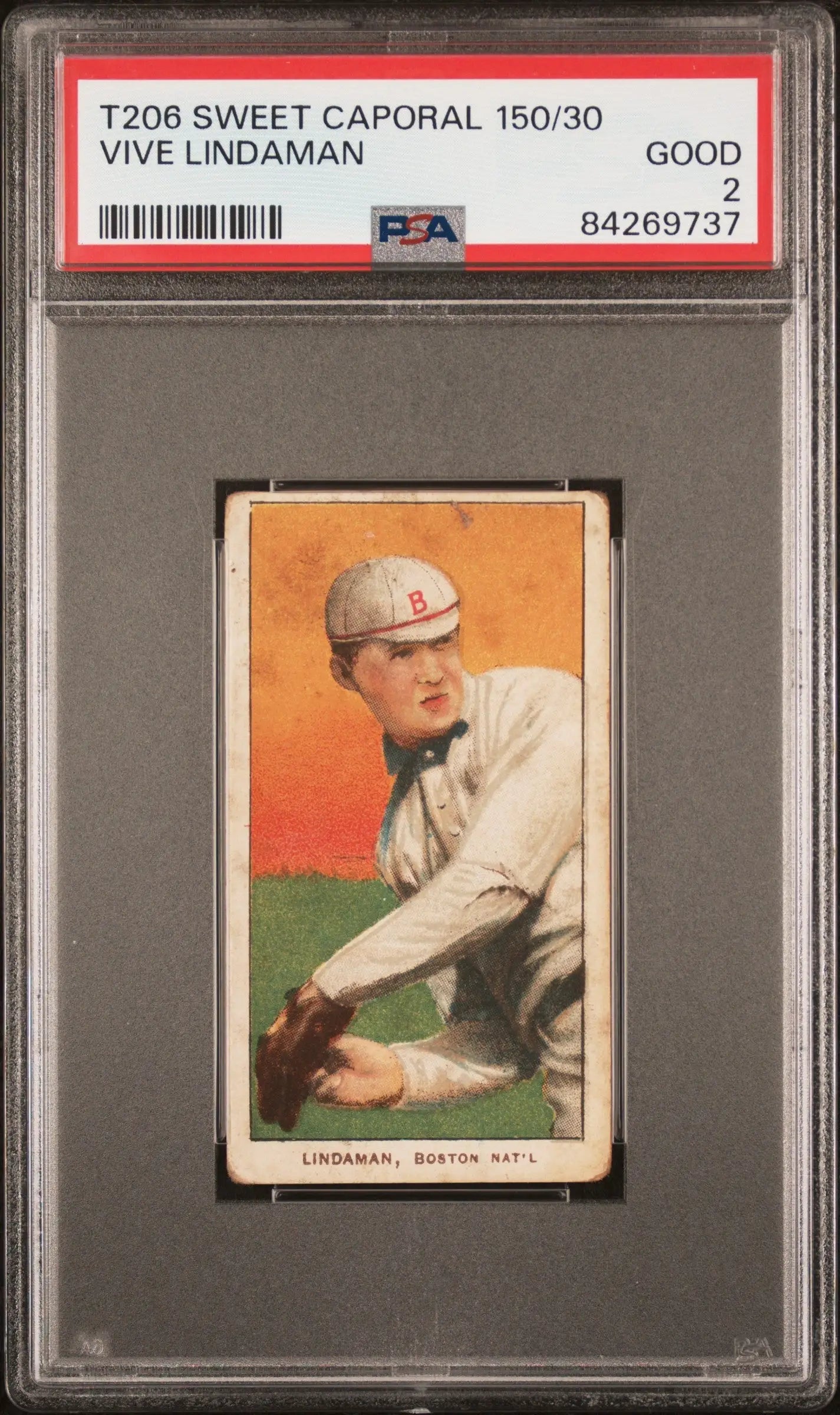 PSA-graded Vive Lindaman 1909-11 T206 Sweet Caporal baseball card in protective holder