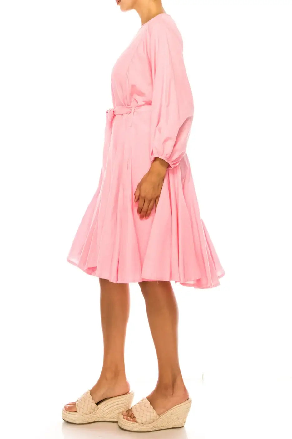 Pink long-sleeve midi dress with tied waist and flowing skirt from Vivid Apparel