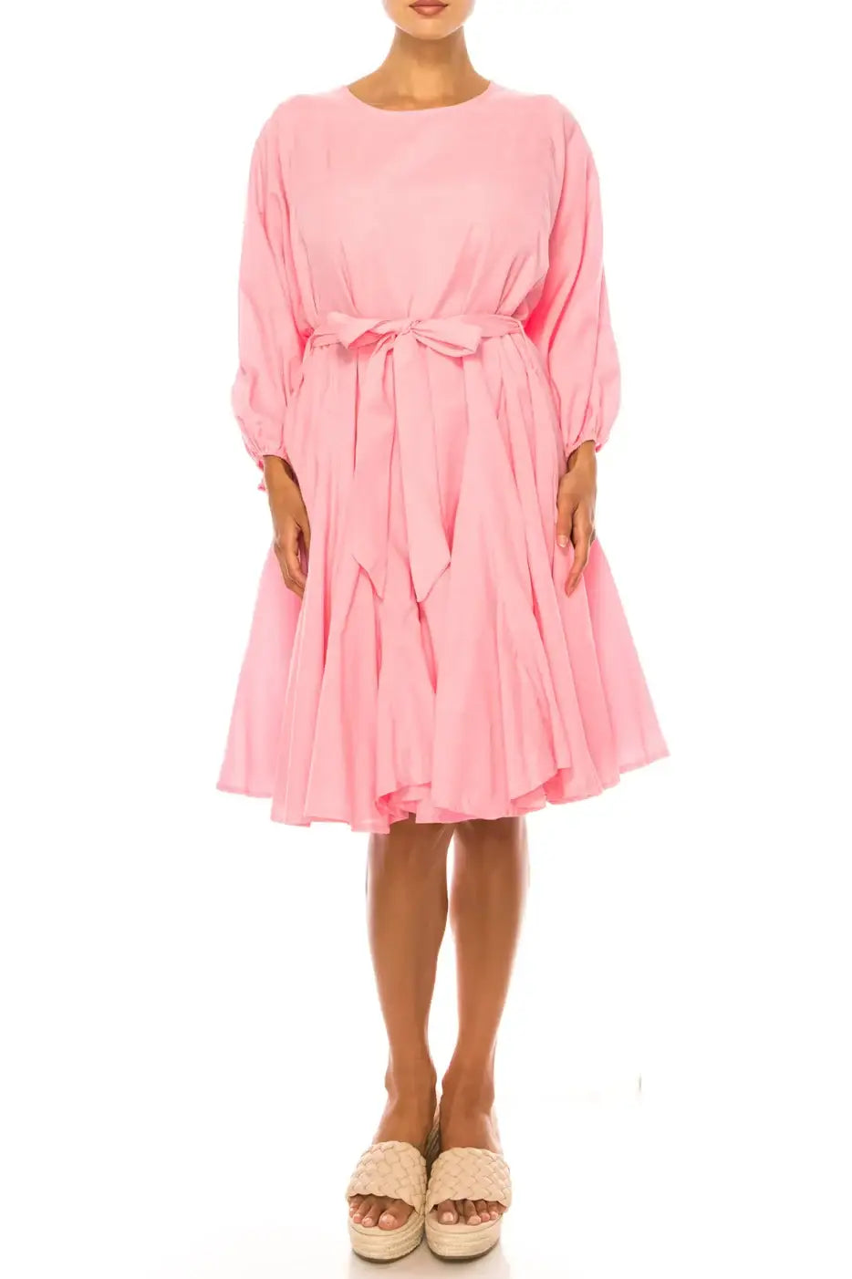 Vivid Apparel pink belted godet knee-length day dress with long sleeves and pleated skirt