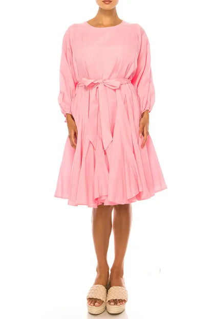 Vivid Apparel pink belted godet knee-length day dress with long sleeves and pleated skirt