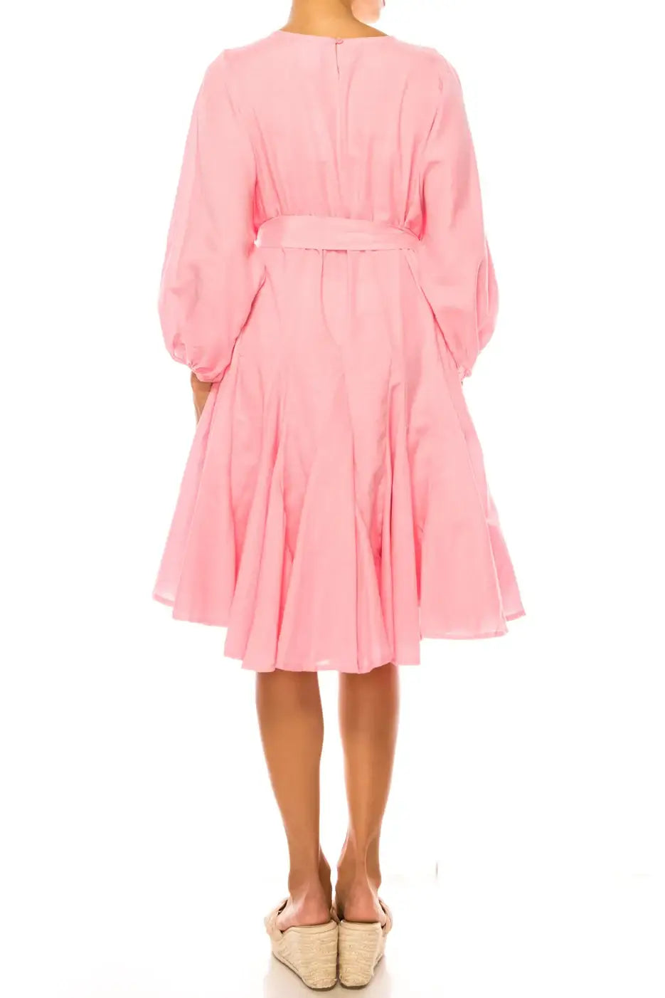 Vivid Apparel pink belted midi dress with balloon sleeves and knee-length style