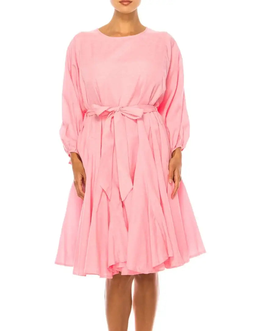Vivid Apparel light pink long-sleeved belted knee-length day dress with tied waist