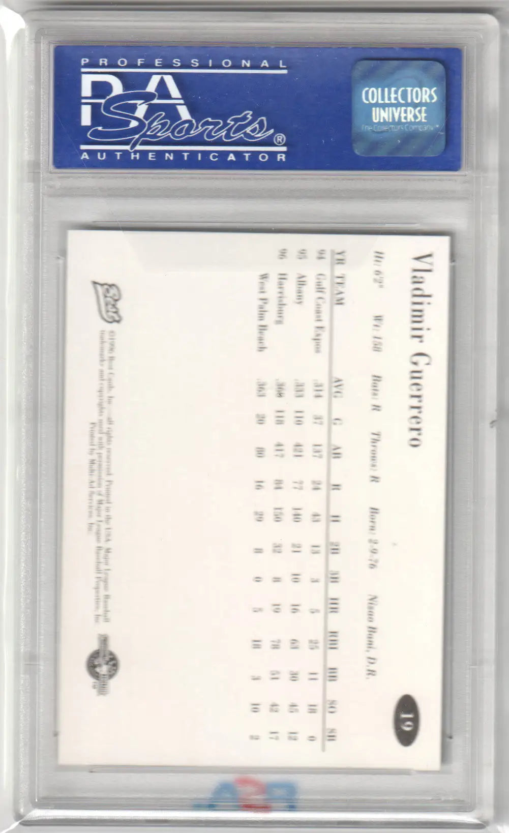 Graded Vladimir Guerrero 1996 Best AA All-Stars RC card PSA 10 GEM MINT from Columbia Hobby