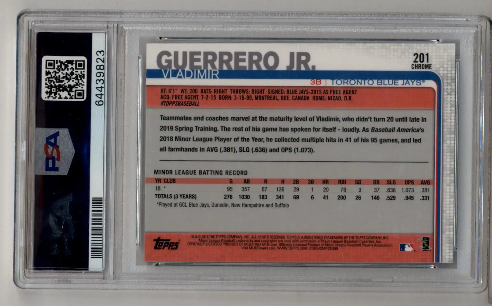 PSA-graded Vladimir Guerrero Jr Topps Chrome Negative Refractor card in Gem Mint condition