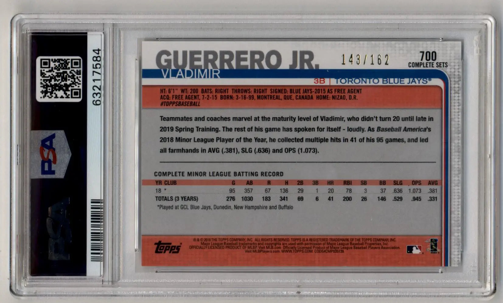 Vladimir Guerrero Jr 2019 Topps Complete Set Foilboard 145/162 PSA 10 Gem Mint - Singles