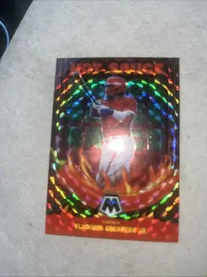 Vladimir Guerrero Jr Toronto Blue Jays 2022 Panini Mosaic Hot Sauce Mosaic card with fiery background
