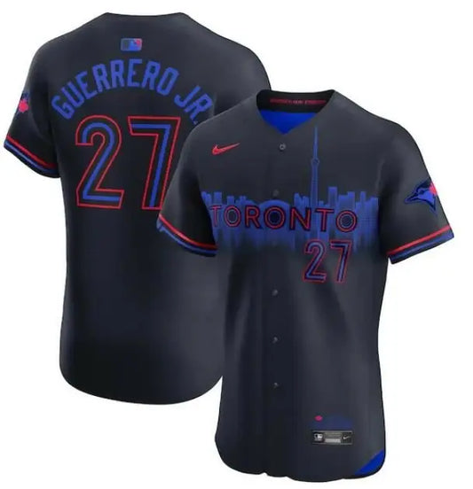 Black Toronto Blue Jays Nike 2024 City Connect Elite Player Jersey with blue and red accents