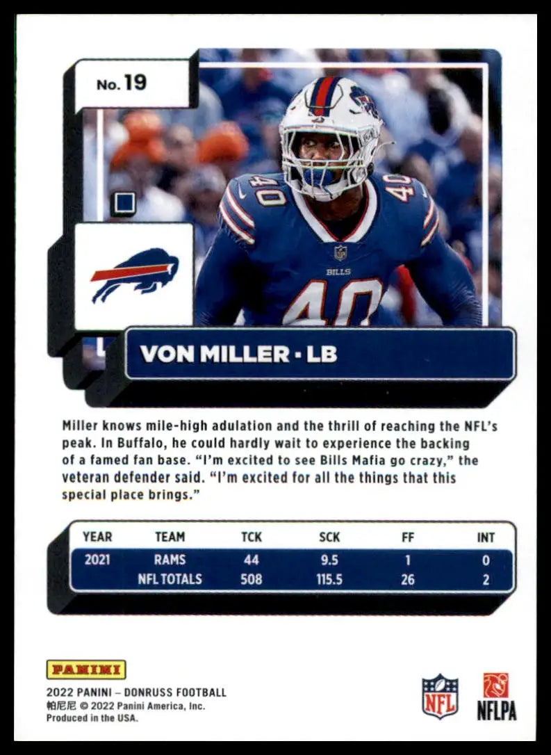 Von Miller football card from 2022 Donruss Buffalo Bills series