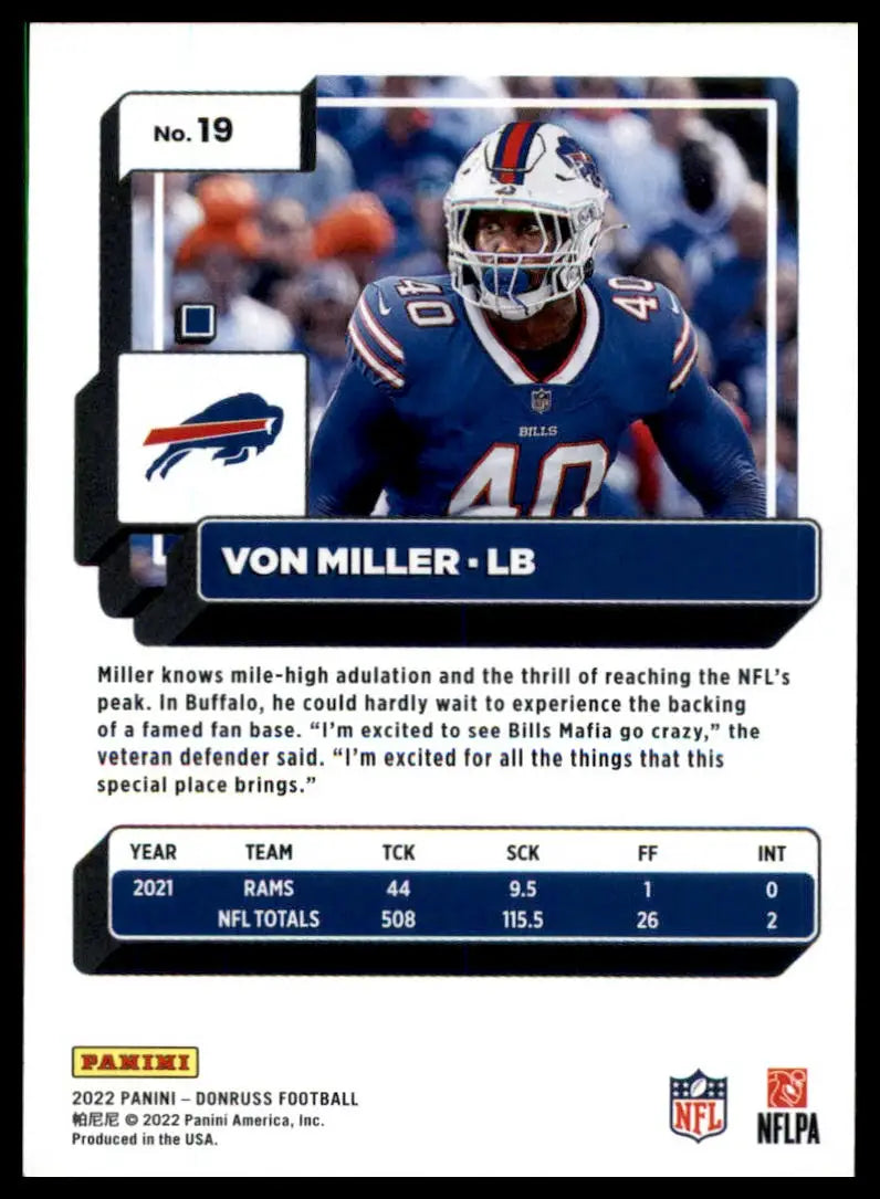 Von Miller football card from 2022 Donruss series featuring Von Miller of the Buffalo Bills