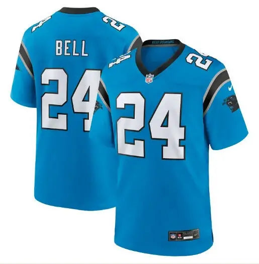 Light blue Carolina Panthers Vonn Bell game jersey with number 24 front view