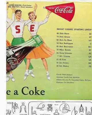 Vintage Coca-Cola ad with cheerleaders and football lineup on original gloss card