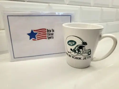 New York Jets green ceramic coffee mug featuring the team logo and helmet design