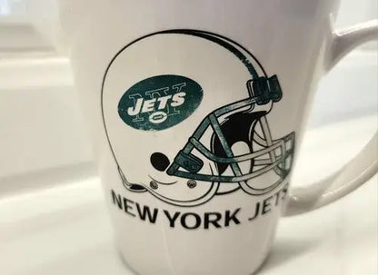 New York Jets green ceramic coffee mug featuring the team logo and helmet design