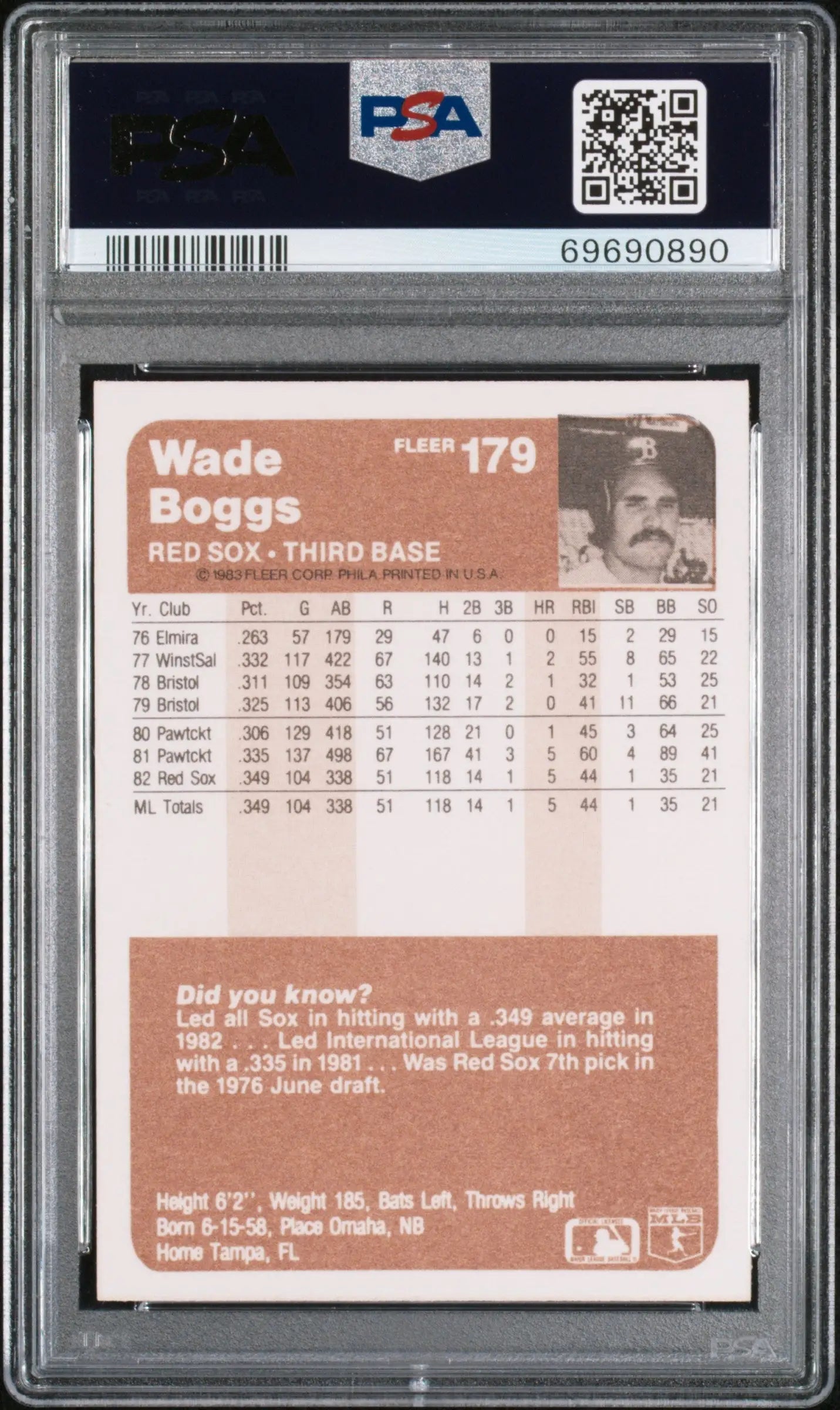 Wade Boggs 1983 Fleer RC #179 PSA 10 Auto 10 trading card back with stats and info