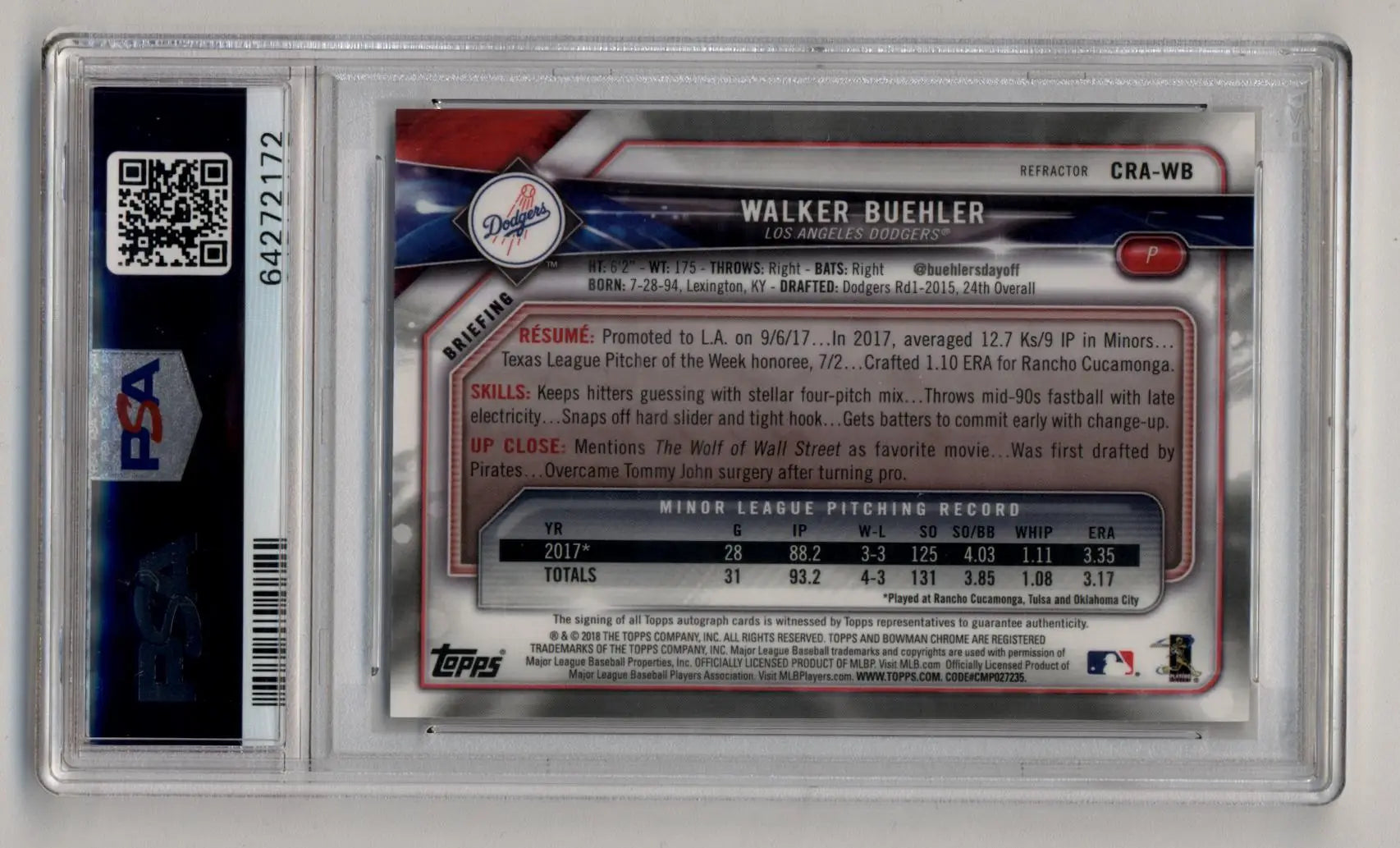 Walker Buehler 2018 Bowman Chrome Rookie Auto Refractor in protective case