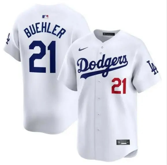 White Dodgers baseball jersey featuring Walker Buehler Los Angeles Dodgers Nike Home logo